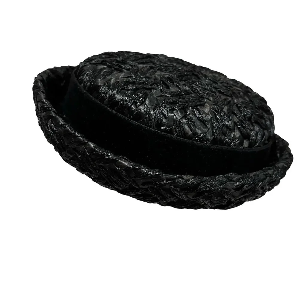 Vintage black straw pillbox hat by Winkelman’s velvet hatband upturned brim